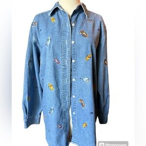 VTG Disney Shirt Womens Medium Denim Winnie The Pooh Embroidered Button